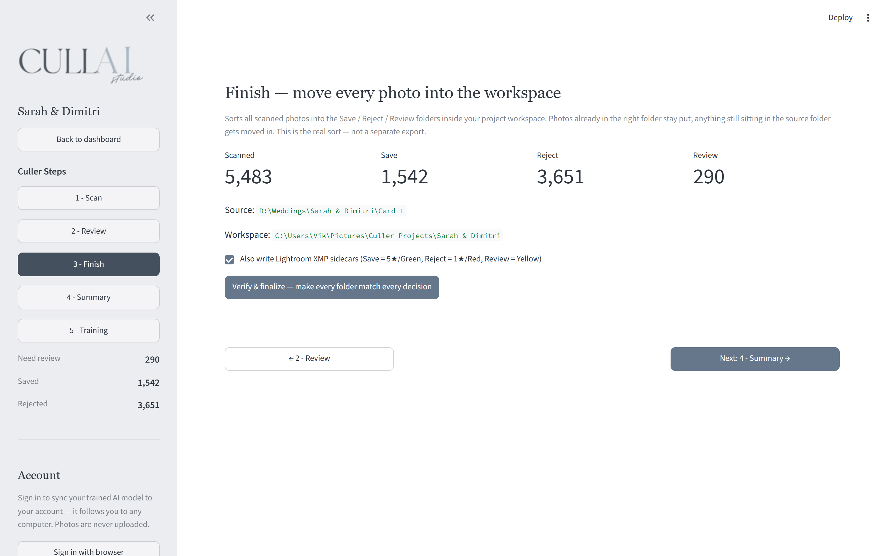 The finish screen: 5,483 photos sorted into 1,542 saved, 3,651 rejected, and 290 for review