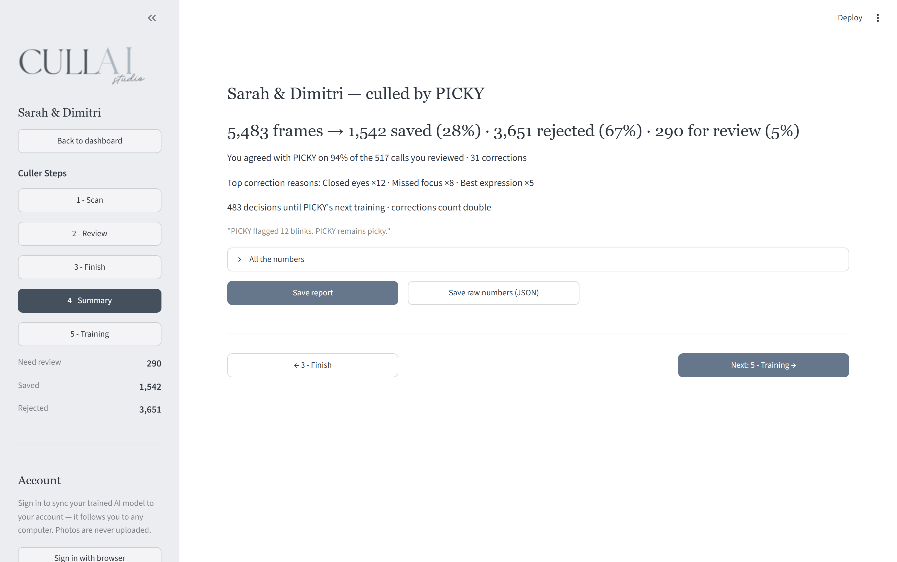 The post-cull report in the actual app: 5,483 frames — 1,542 saved, 3,651 rejected, 290 for review; 94% agreement across 517 reviewed calls, 31 corrections with their reasons, narrated by an AI named PICKY