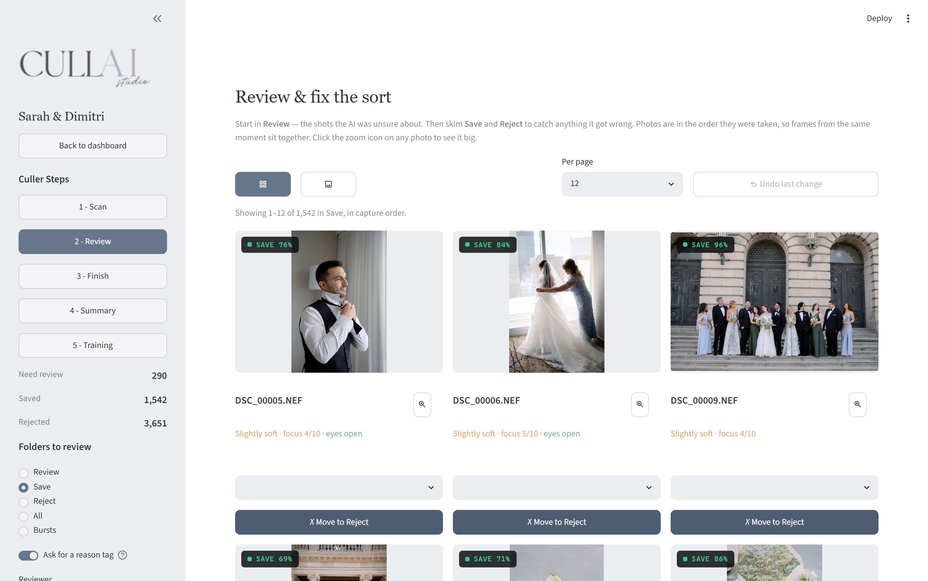 The real app mid-review: wedding photos with SAVE confidence badges of 76%, 84%, and 96%, on a real 5,483-frame wedding